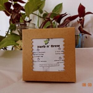Image of Herb n' Brew herbal tea in a glass with fresh herbs for health and wellness benefits.